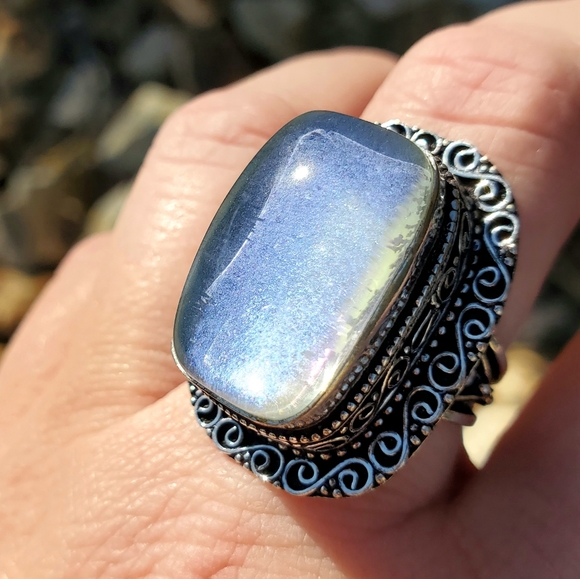 New Rainbow Dichroic Glass 925 Silver Statement Ring. - Picture 4 of 15